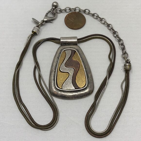 CHICO'S Pendant Necklace Silver Tone Gold Tone Brown Wavy BOHO - Picture 1 of 11